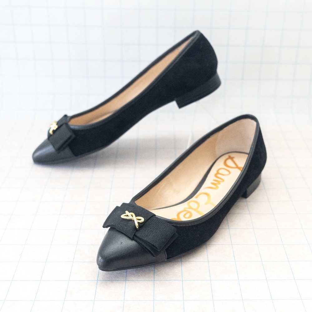 Sam Edelman Lizzy Pointed Toe Bow Flats - Black Leather and Suede - Size 7